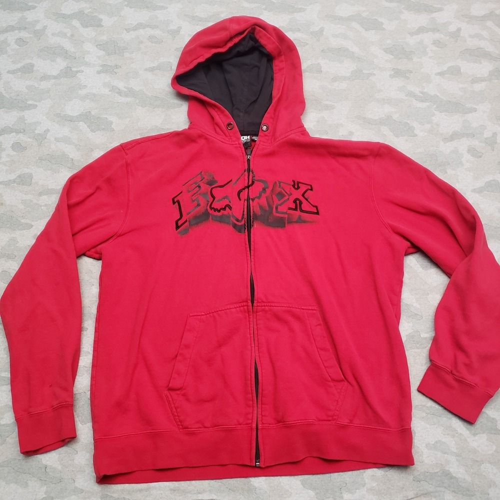 Vintage Fox Sweatshirt Mens XL Red Y2K Full Zip Hooded Long Sleeve‎